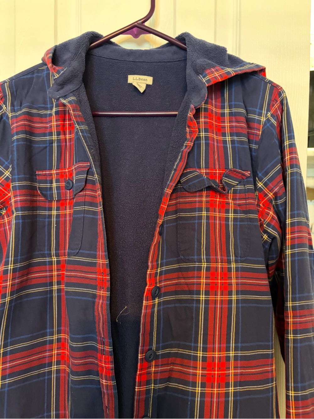 L.L. Bean Navy and Red Plaid Hooded Shirt Jacket